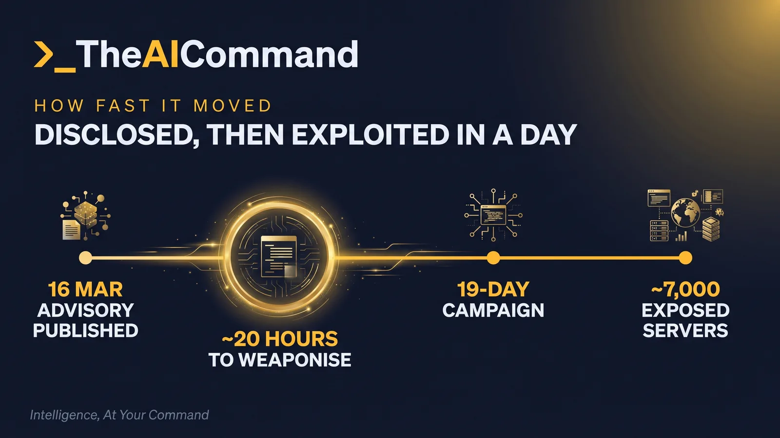 A timeline with four milestone nodes, the second ringed to mark the roughly 20 hour weaponisation gap