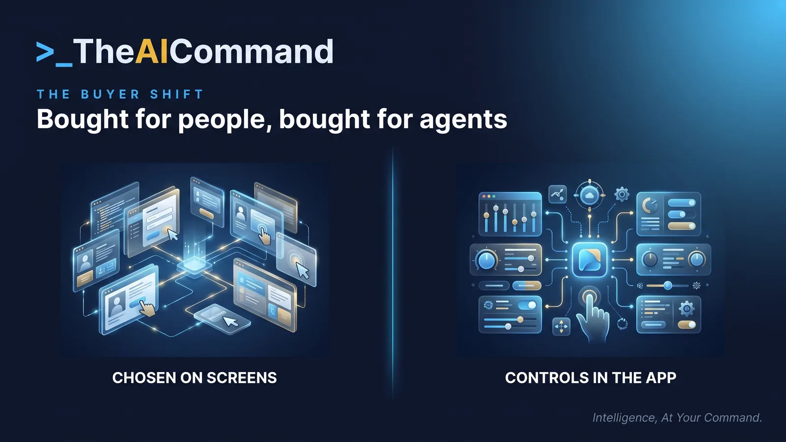 A side-by-side split contrasting software bought for people, chosen on screens and priced per seat, with software bought for agents, chosen on API coverage with controls at the agent layer