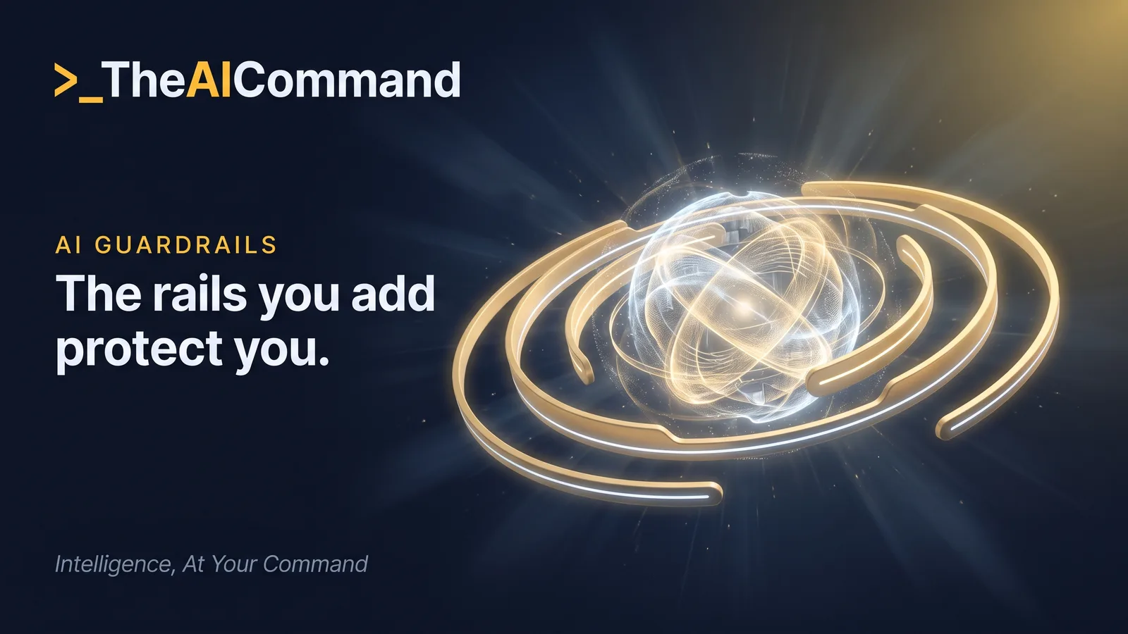 Cinematic concept of a bright model core encircled by a protective ring of soft gold rails against deep navy