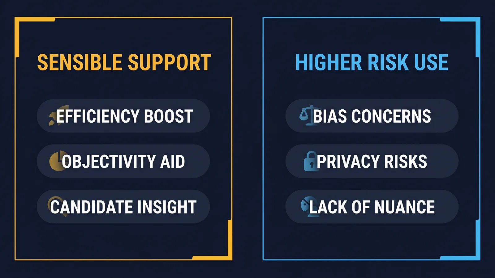 Diagram matching recruitment steps to sensible AI support versus higher-risk AI use