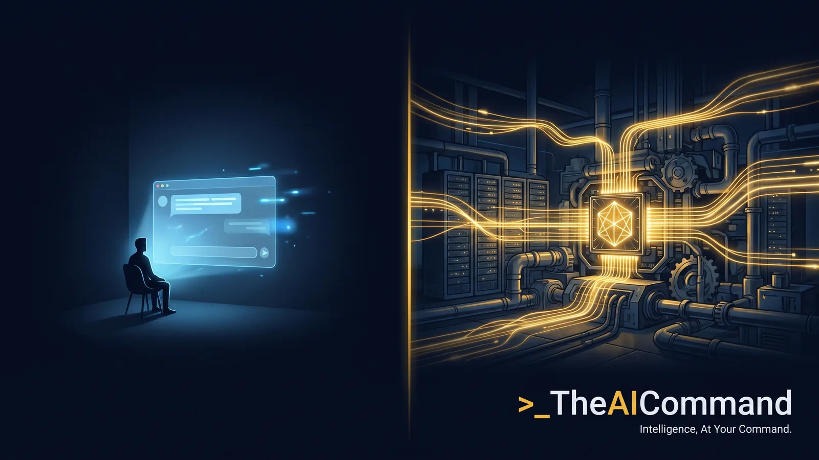 A cinematic split screen, a small lone figure at a glowing chat window on the left and a deep engine room of core systems threaded with light on the right, contrasting AI as a peripheral tool versus AI embedded in the systems an organisation runs on