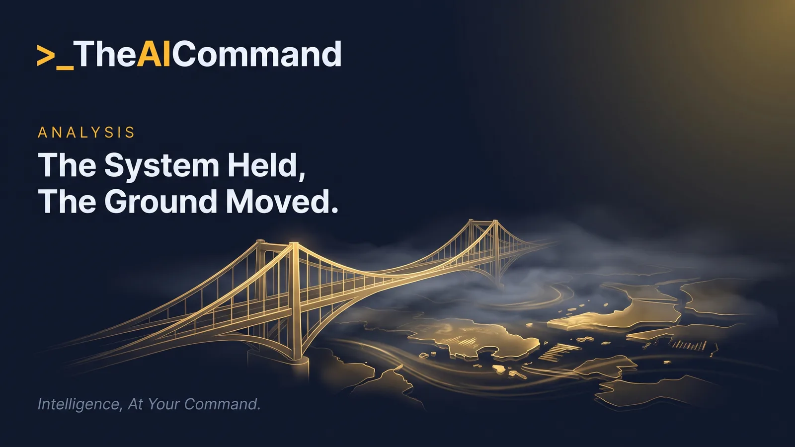 A steady bridge whose far bank is slowly shifting position beneath a low mist, the structure unchanged while the ground it lands on moves, gold light on deep navy