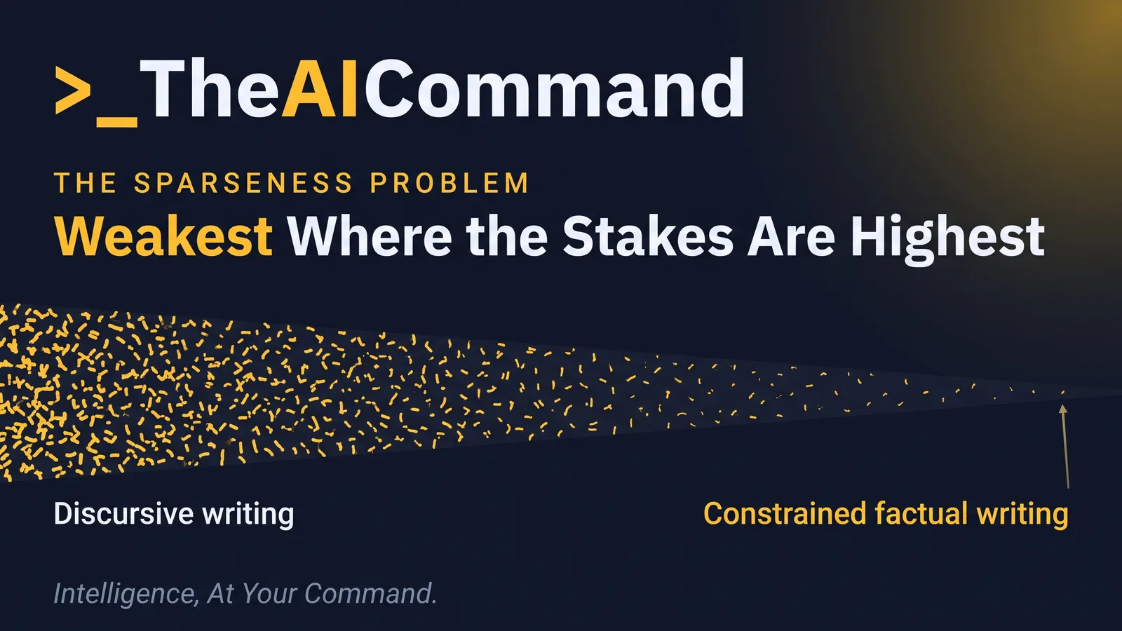 A gold gradient bar on deep navy running from a dense field of scattered marks at the discursive end to a sparse field at the factual end, with a single slender pointer beneath
