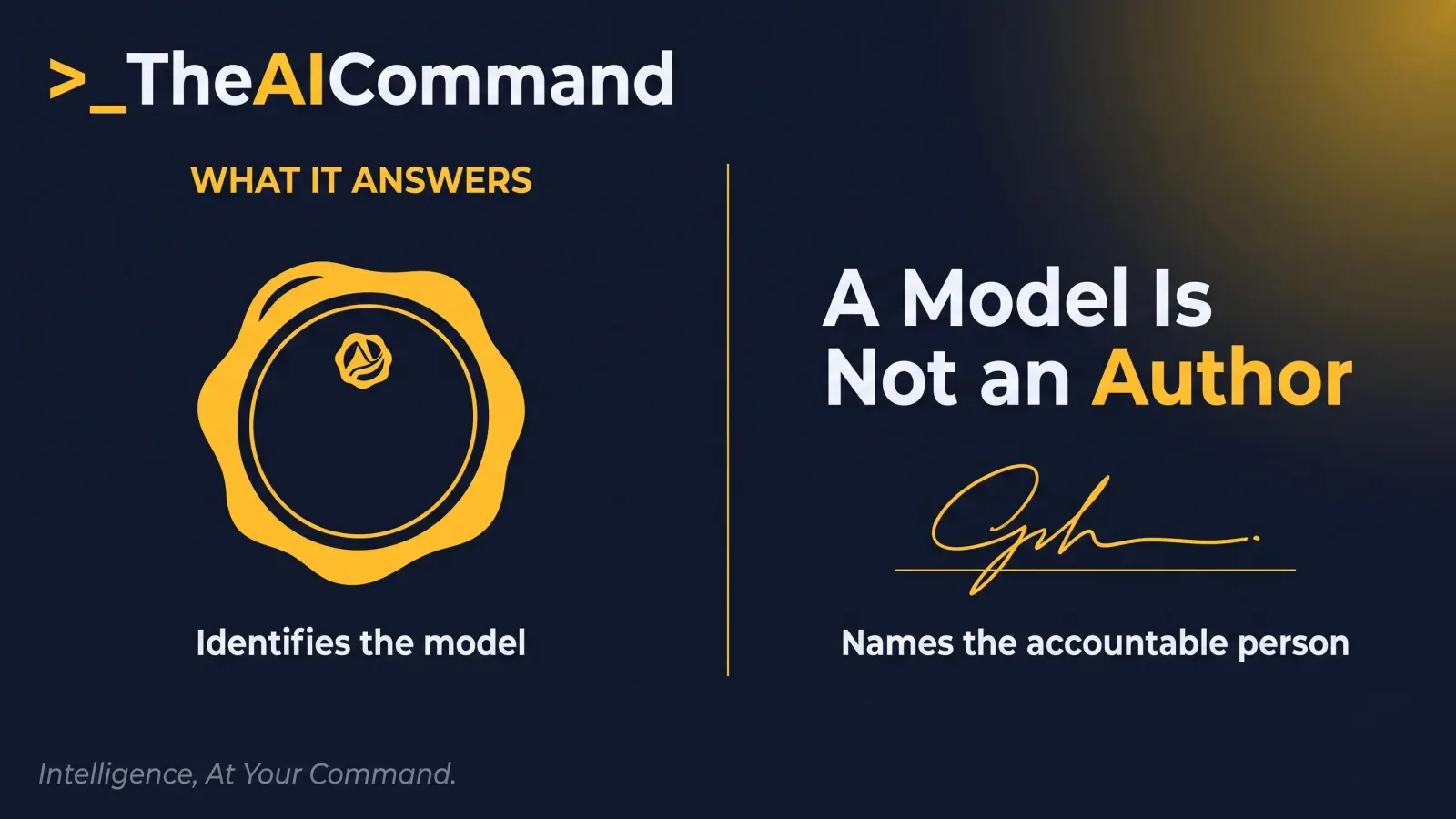 Two facing panels divided by a thin gold rule on deep navy, the left holding a single pressed seal with no name beneath it, the right holding an empty signature line with a slender sky underscore