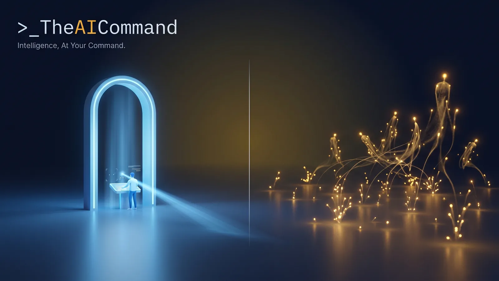A side by side cinematic split, the left half a single narrow controlled gateway with one figure at a console representing IT-led agent building, the right half many small glowing agent sparks rising across an open office floor representing business teams each building their own, contrasting a single control gate with distributed self-serve creation