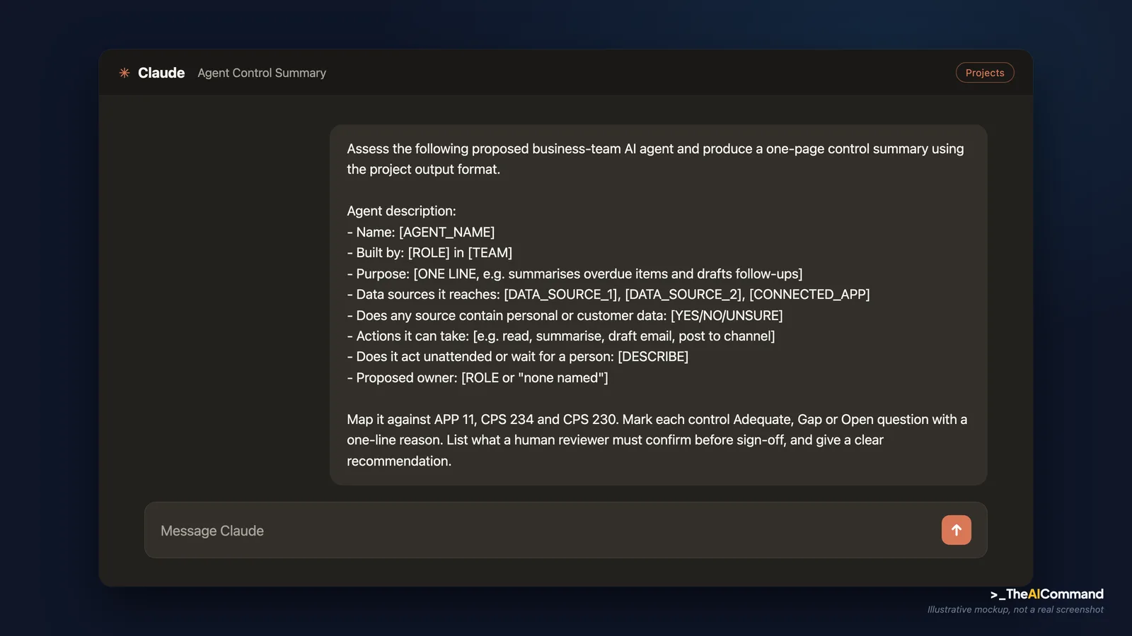 Illustrative Claude interface mockup running the control-summary prompt on a de-identified agent description, returning a structured control summary that flags an open ownership question and a missing approval gate for a human to resolve