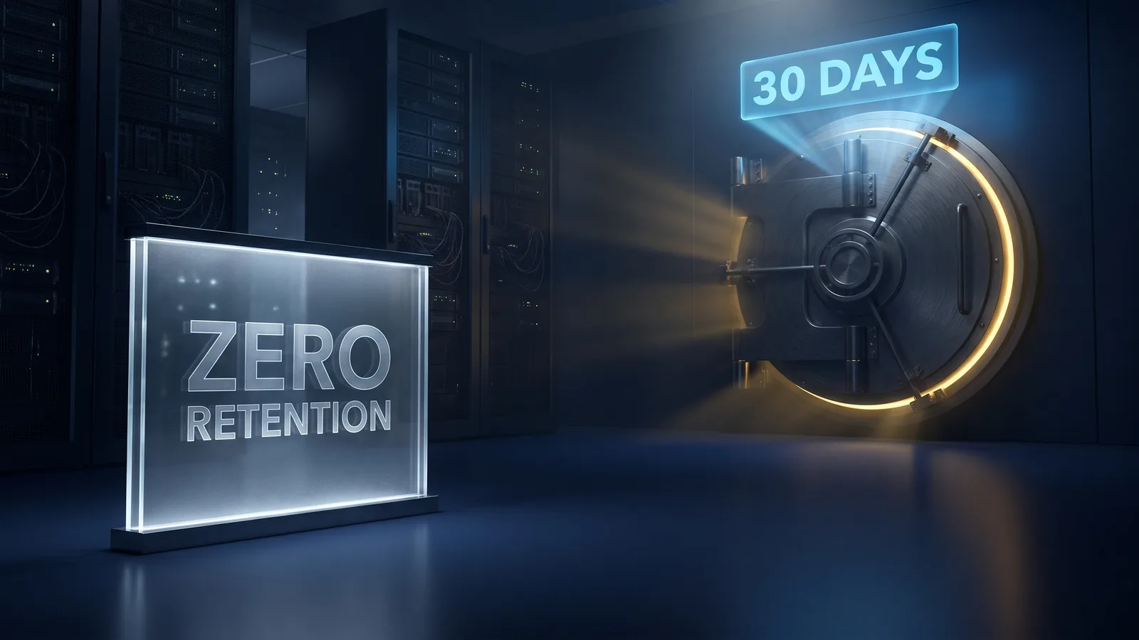 Contract panel promising zero retention beside a sealed vault holding prompt data for 30 days