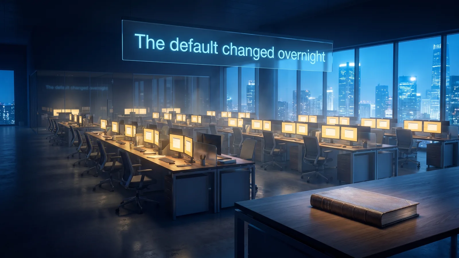 Office at night where every workstation's assistant has quietly changed into an agent while the inventory ledger stays dark