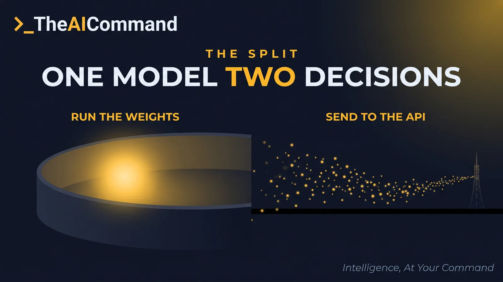 A cinematic side by side split scene on deep navy, the left half showing a single warm gold model core glowing safely inside a calm walled enclosure with all light kept within the wall, the right half showing a stream of small gold data motes flowing away across a dark border line toward a distant faint tower, expressing that running the open weights keeps data inside your boundary while the hosted API sends it offshore