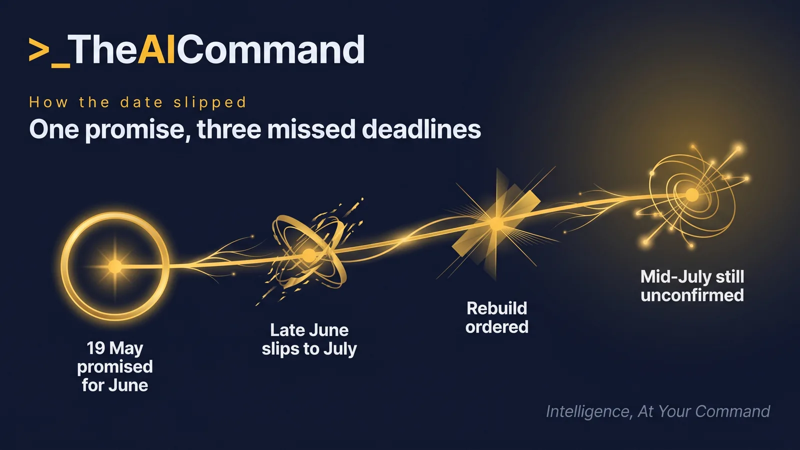 A timeline with four nodes, the first ringed as the on-stage promise and the last left open as still unconfirmed