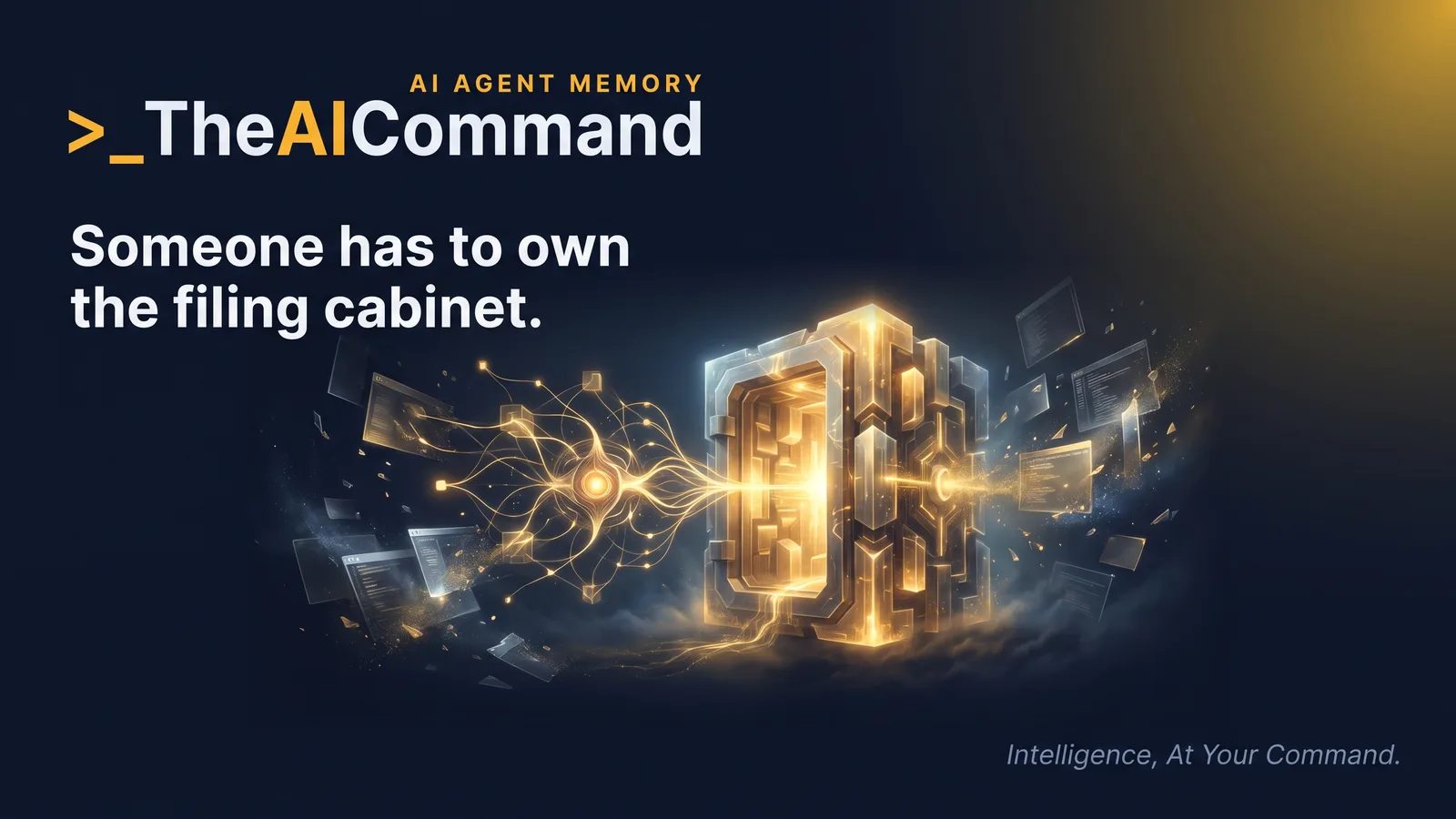 A single cinematic scene of an AI presence beside a glowing vault of stored knowledge that persists while faded sessions dissolve around it, one focal point, gold light on deep navy