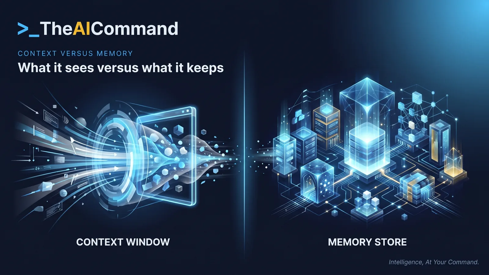 A screen split into two contrasting halves, the left a bright momentary window labelled context, the right a quiet persistent archive labelled memory