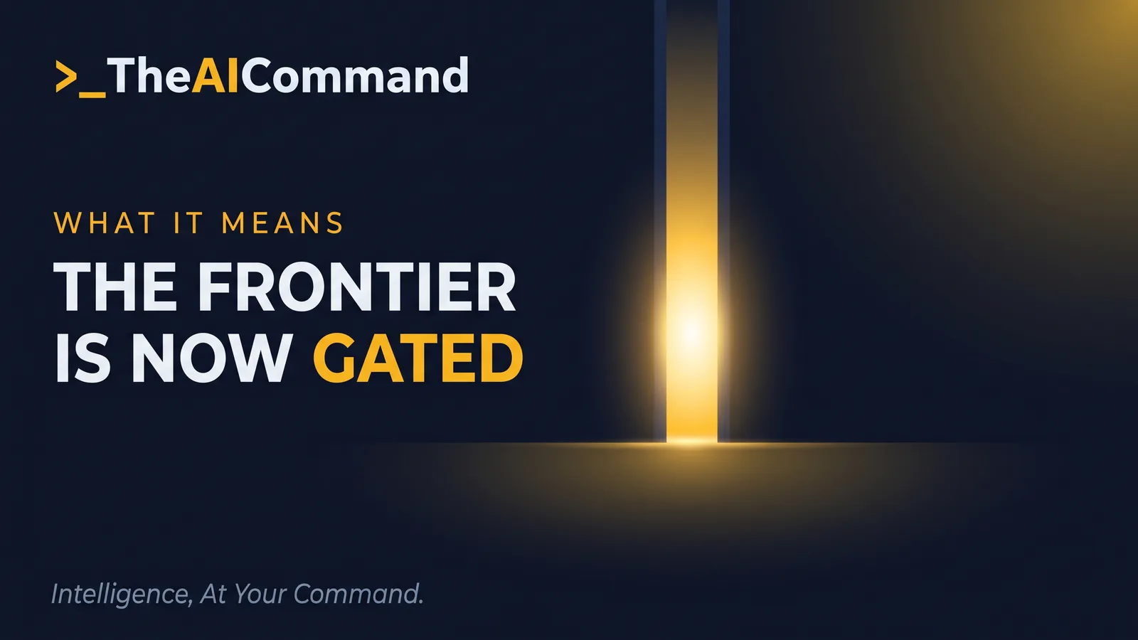 A single brilliant core of gold light held behind a tall narrow vertical threshold of darker navy on deep navy, with the open space in front of it empty and quiet, expressing the most capable model sitting just out of reach behind a gate