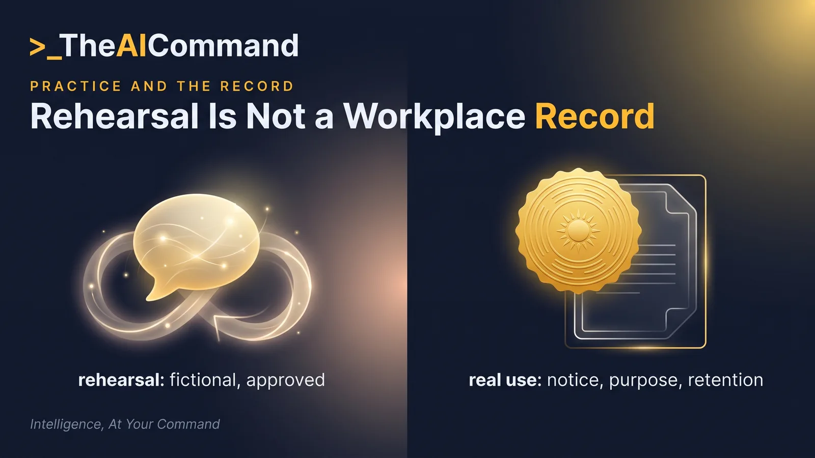 Split comparison between low-risk fictional voice rehearsal and a real workplace conversation requiring notice, authority, purpose, access and retention controls
