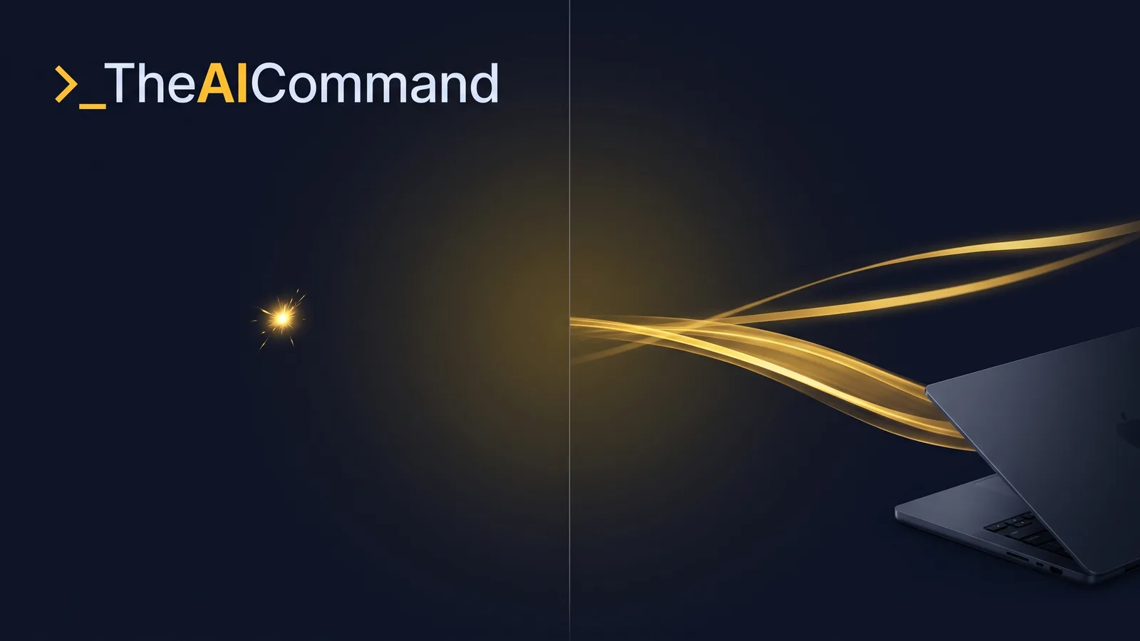 Cinematic side-by-side split of a brief gold spark on the left and a long continuous gold ribbon of light on the right, with a closing laptop lid