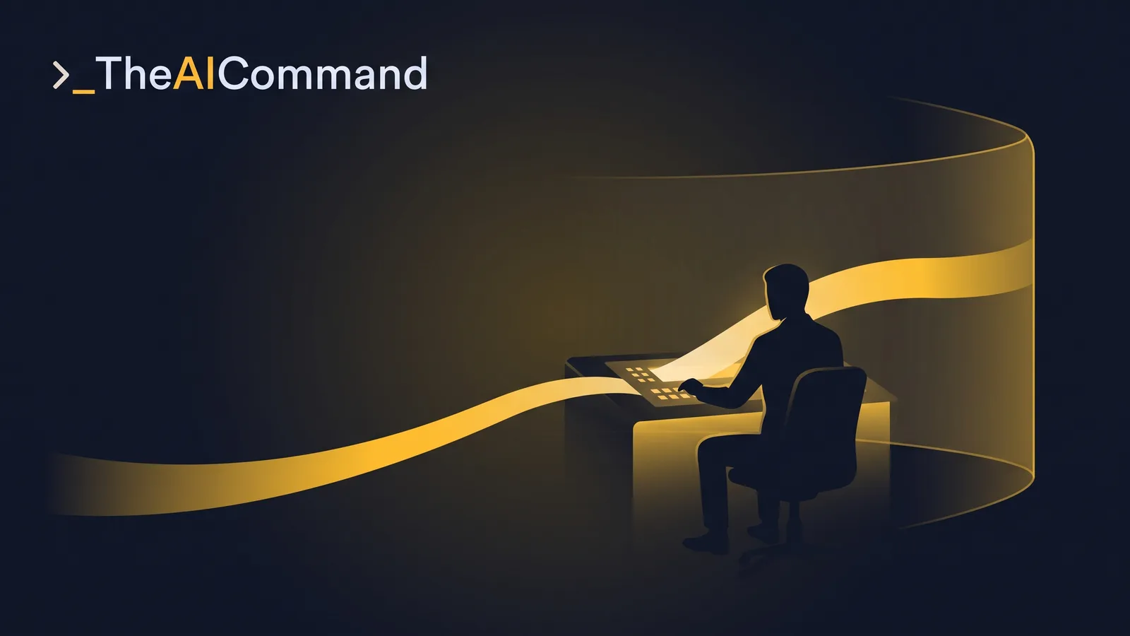Cinematic concept scene of a faceless silhouette at a glowing control desk watching a ribbon of gold light stream into a softly enclosed bounded space