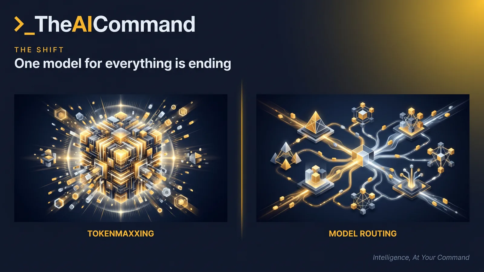 A deep navy split scene, on the left many small task shapes pouring into one oversized glowing gold funnel, on the right the same shapes sorted along gold lines into several differently sized model blocks