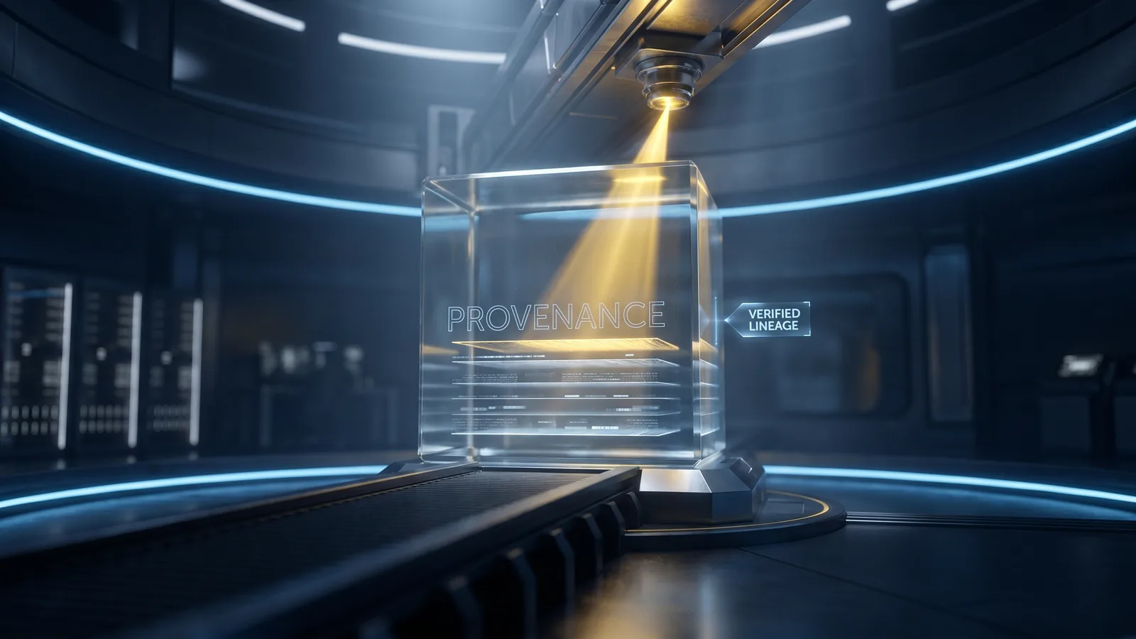 Cinematic scene of a translucent model core being examined under a gold inspection beam in a dark navy environment