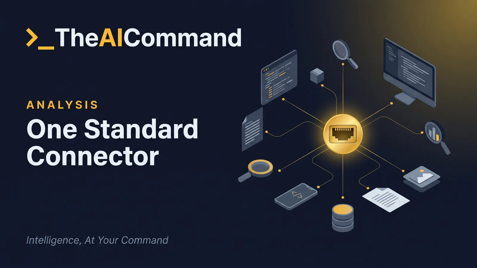 A single cinematic concept scene: many abstract tools and data sources connecting through one glowing central gold port, clean and minimal, one focal point, conveying a single universal connector