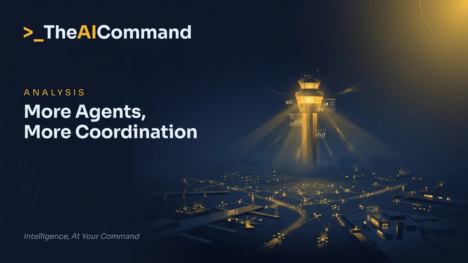 A lone control tower glowing over a wide constellation of small agent lights across a dark harbour, one calm focal point above many, deep navy with gold light