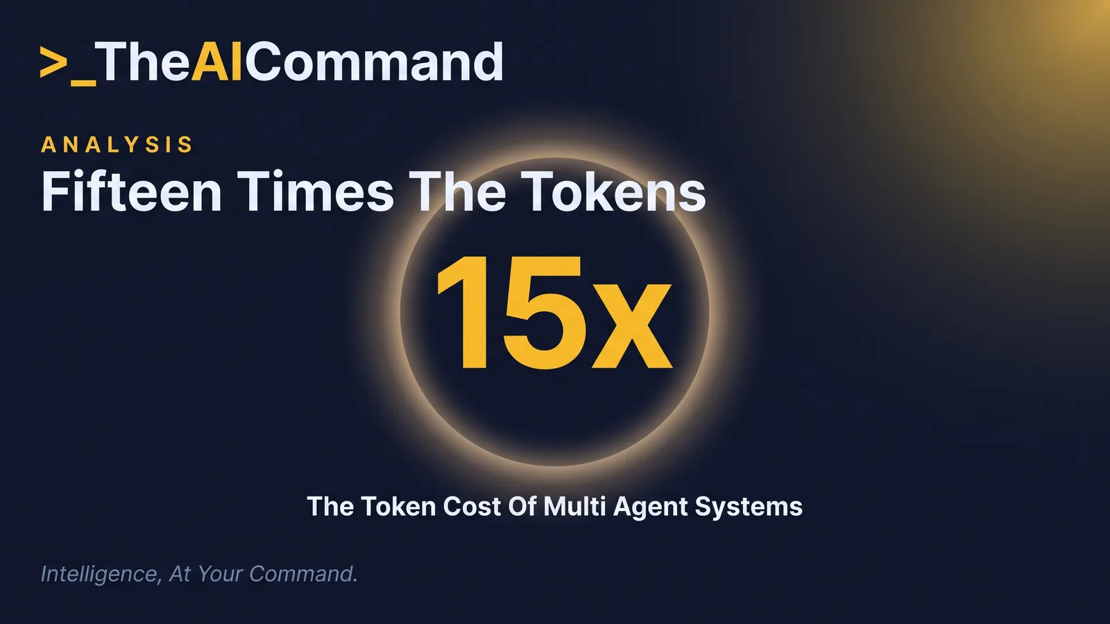 A single very large gold number reading 15x inside a soft circular halo, one short caption line beneath, deep navy background