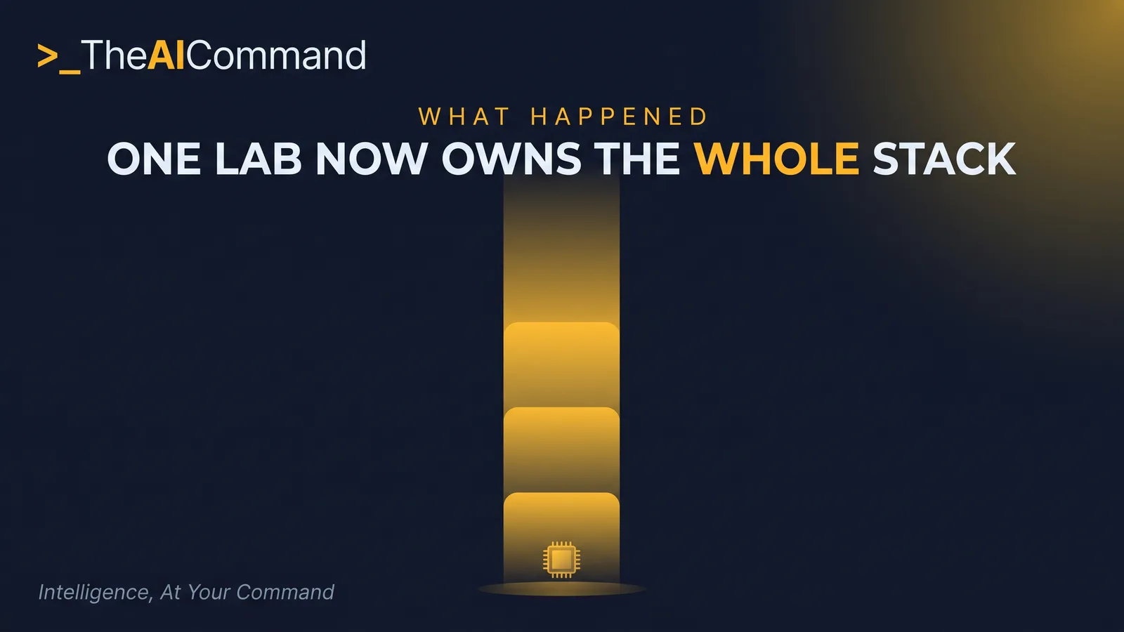 A single tall integrated column of warm gold light rising on deep navy, formed of four stacked bands of light that merge into one continuous structure, expressing one company owning the whole stack from the chip at the base to the product at the top