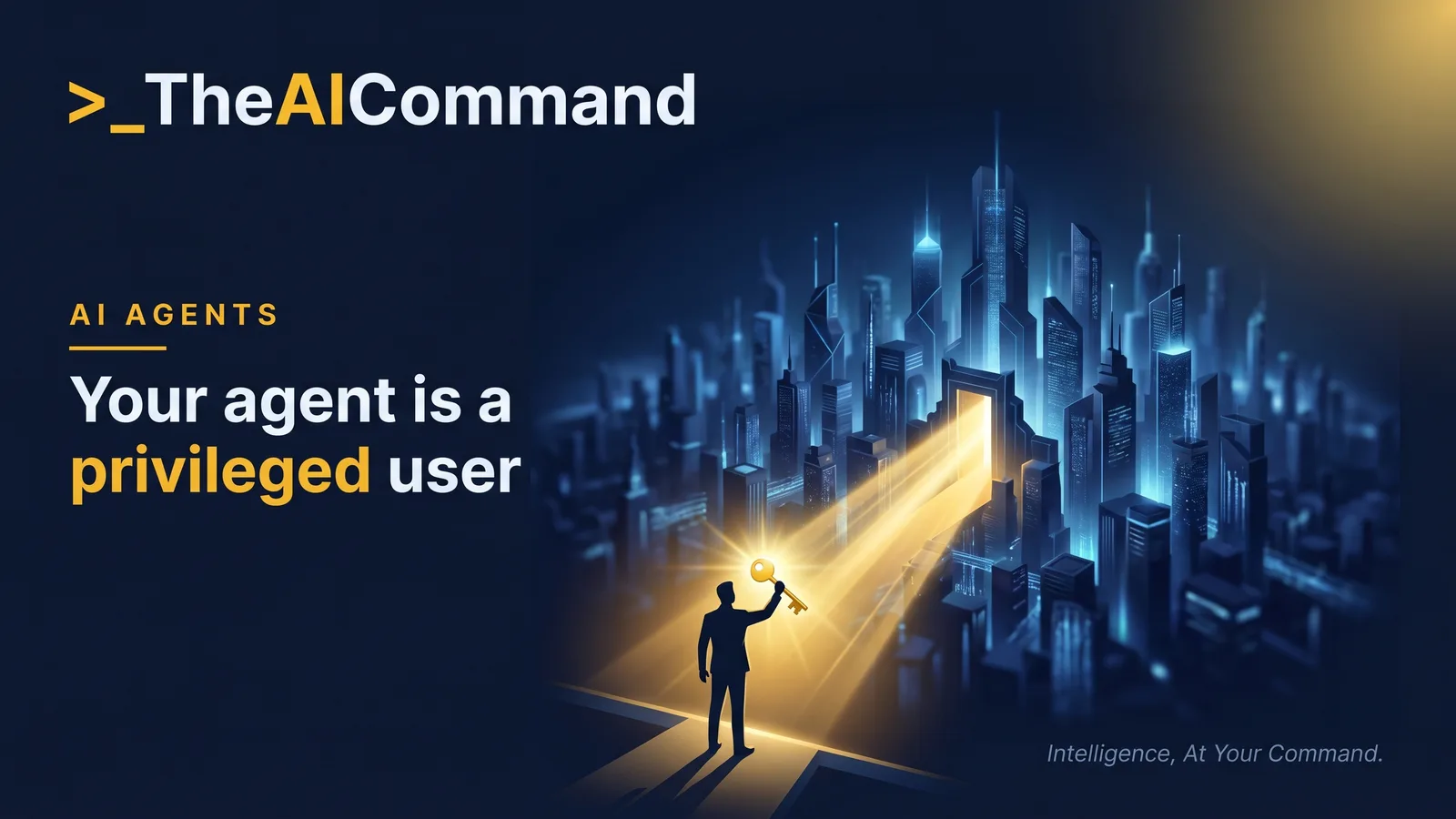 A single figure holding a glowing key at the gateway to a navy city, representing an AI agent that holds real permissions and acts on instructions it reads at runtime