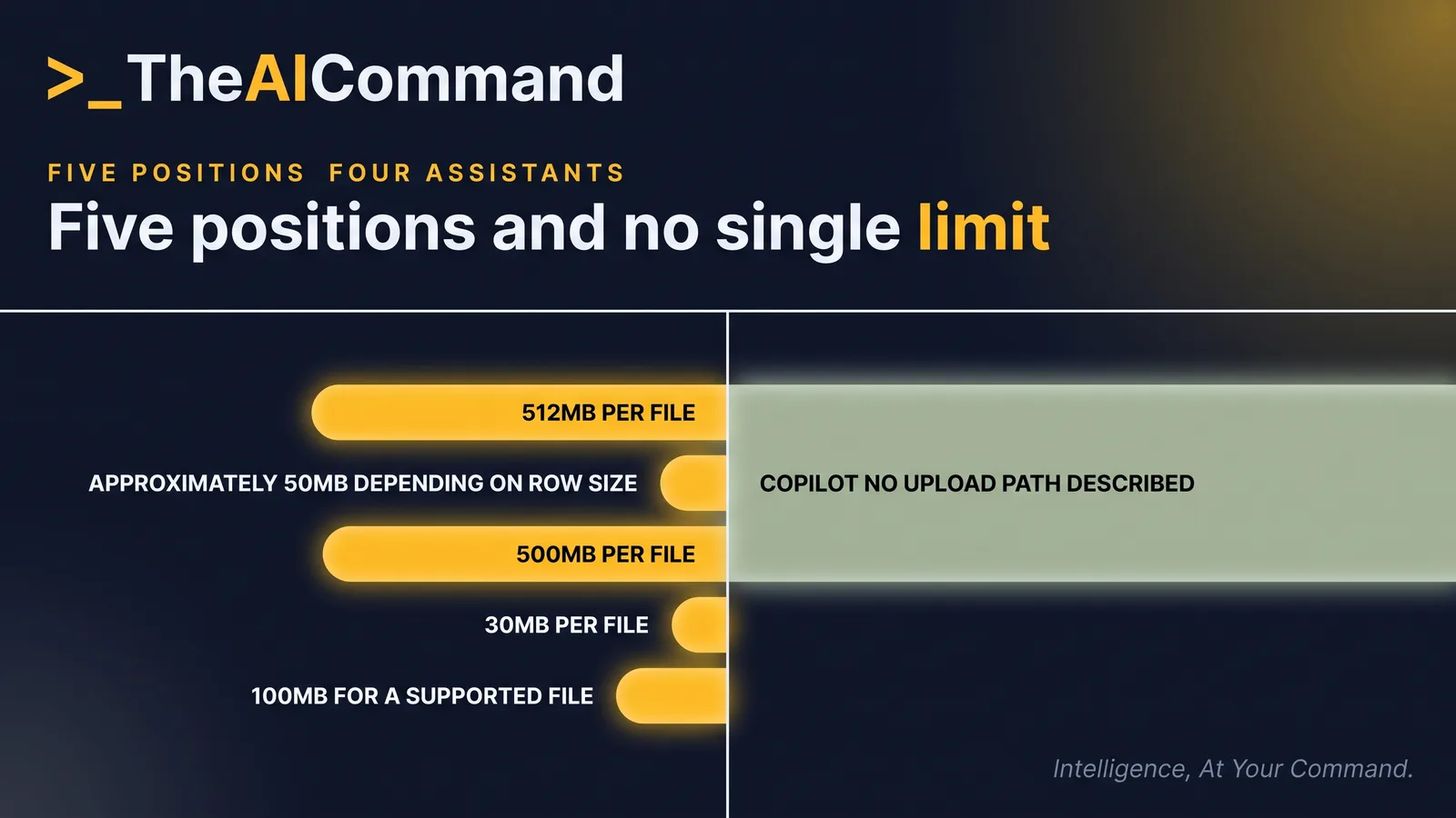 A five panel split sets the four assistants against each other, each panel carrying one upload limit and the date that panel figure was read, with the Copilot panel showing no upload path and an open workbook instead.
