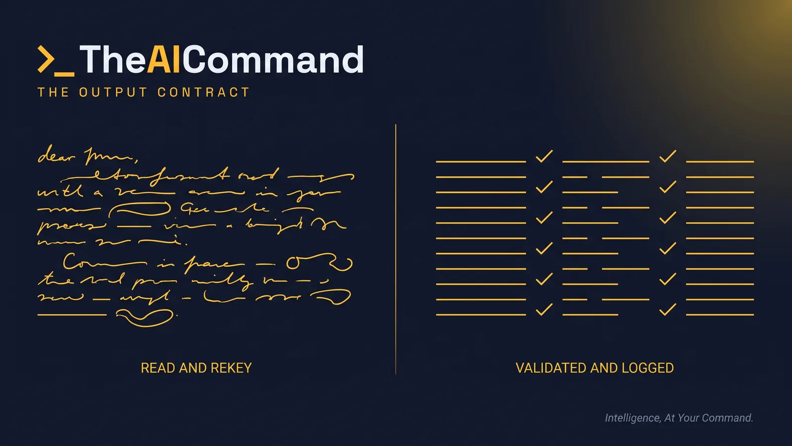 A screen split into two contrasting halves by a thin gold line, the left half a loose block of prose labelled read and re-key, the right half a set of clean ordered fields with tick marks labelled validated and logged, gold light on deep navy