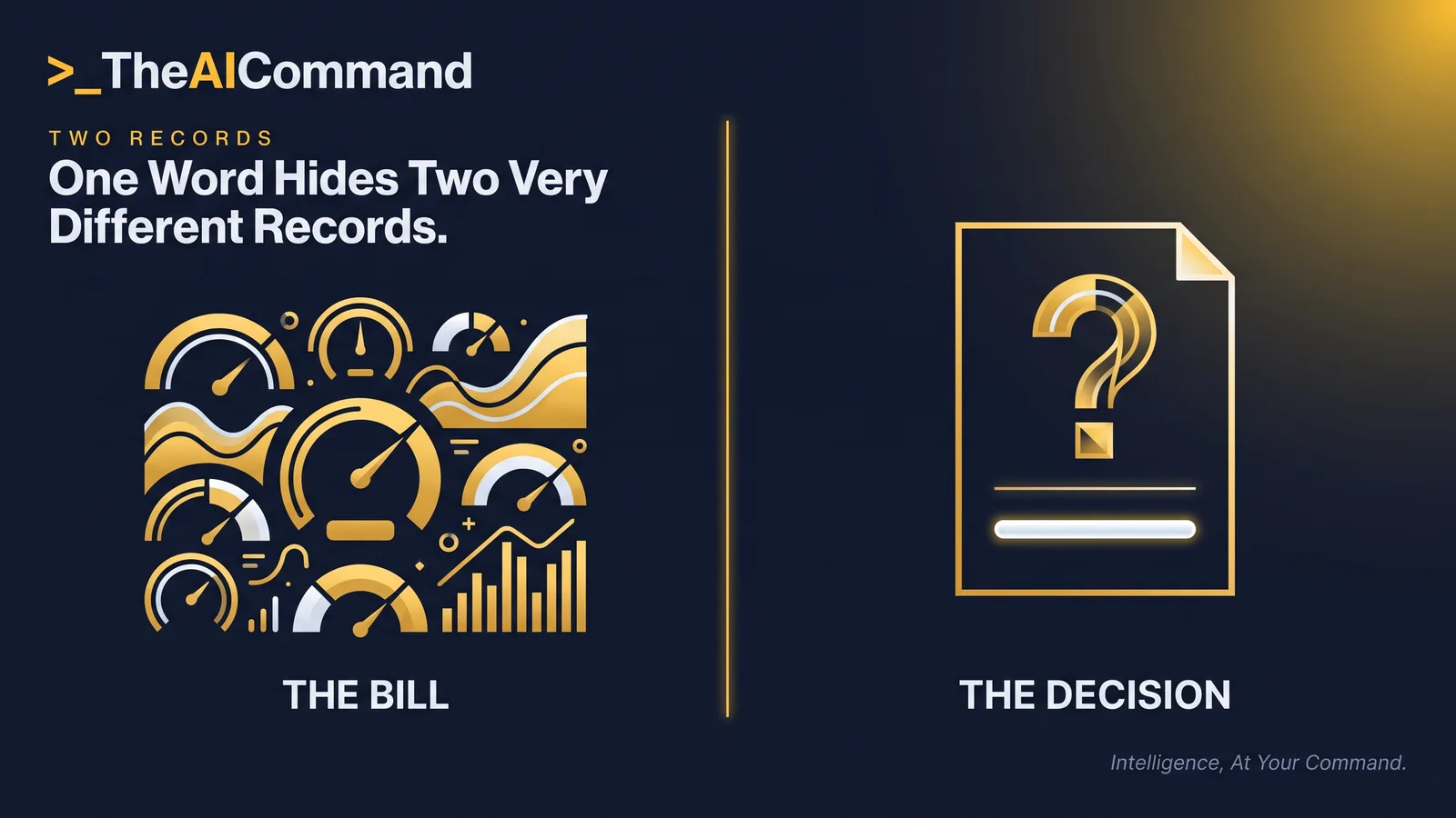 Two contrasting halves on deep navy, one side showing token counts and duration, the other showing a prompt and a completion, gold light dividing them