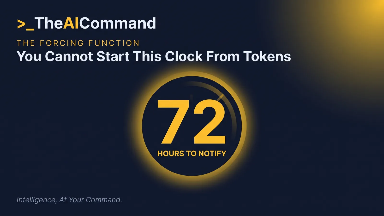 One large gold numeral 72 as the hero of the frame on deep navy, with the word HOURS beneath it and a faint clock arc behind