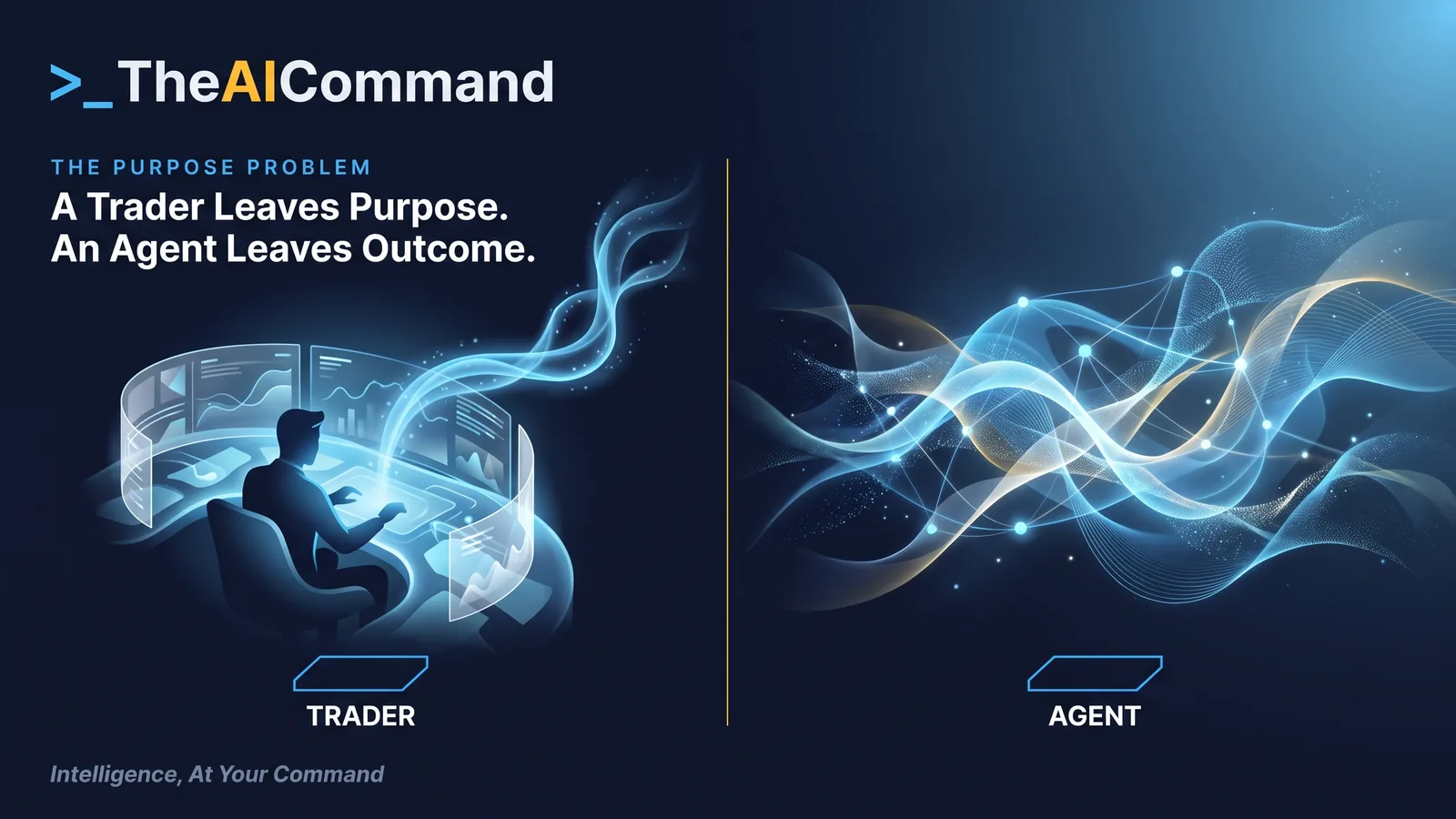 Two contrasting halves divided by one thin gold rule, the left half a single human trader at a terminal with a clear visible thread of reasoning behind them, the right half an abstract adaptive system with no figure and no thread, sky-blue light on deep navy