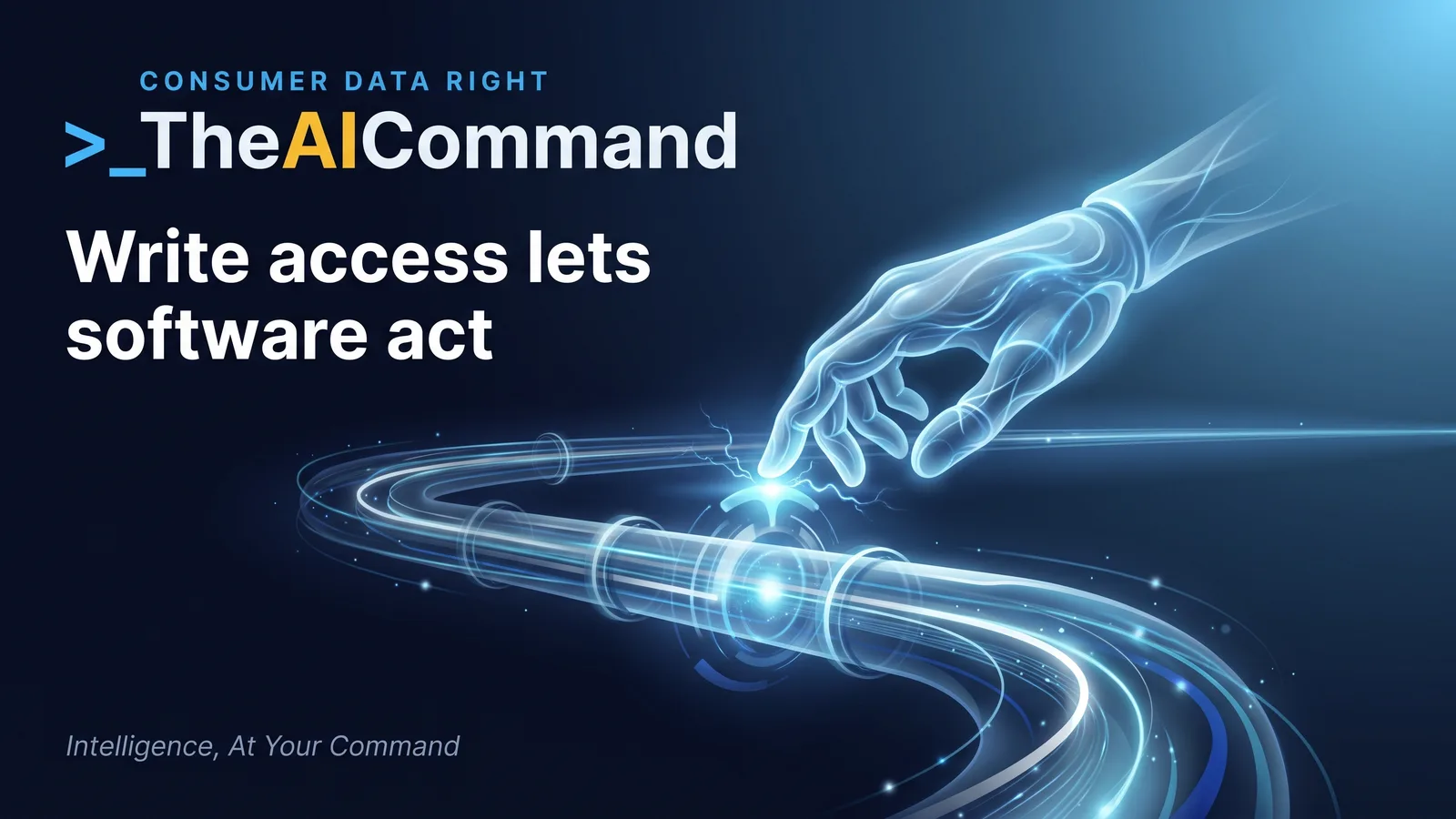 A cinematic scene of a softly glowing robotic hand poised over a luminous trigger above a regulated financial pipeline, deep navy mood with sky highlights