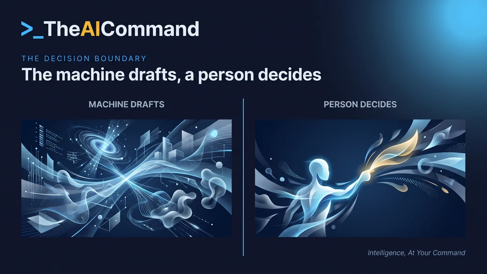 Side-by-side split contrasting a soft machine glow drafting a response on the left with a human hand signing the outcome on the right