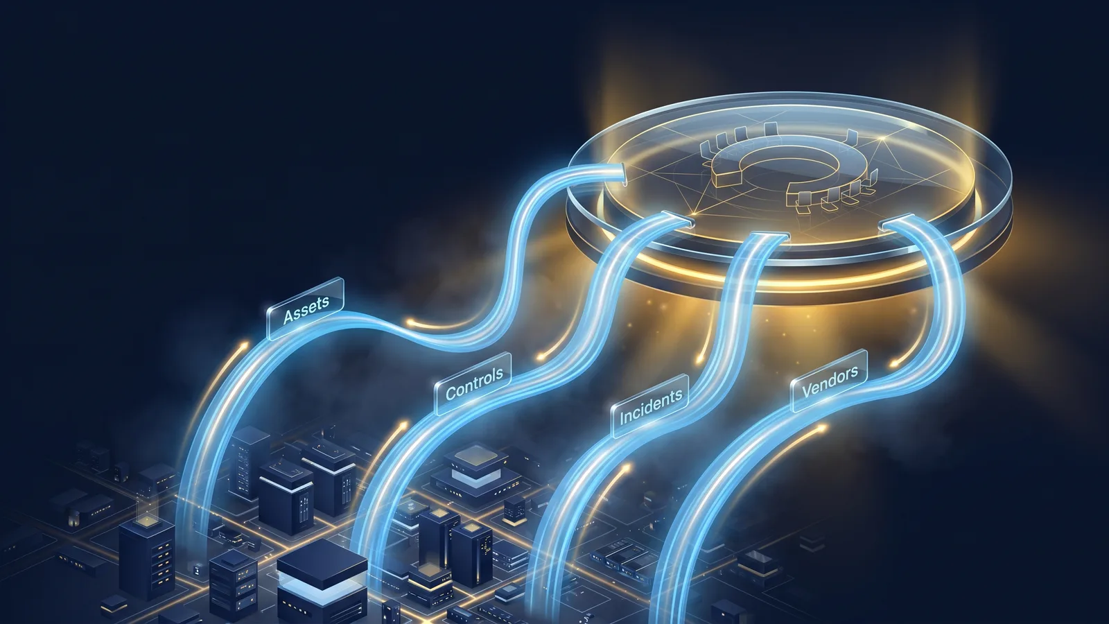Cyber risk governance framework linking the board and risk committee to four oversight streams: assets, controls, incidents and vendors