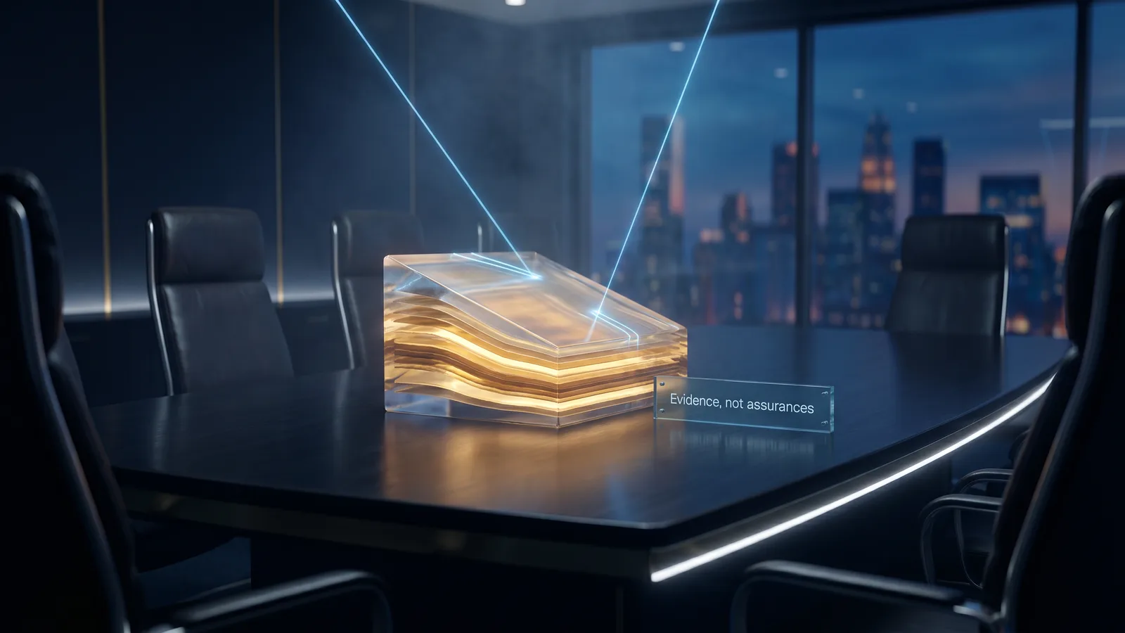 A crystalline evidence dossier glowing at the centre of a dark boardroom table, representing evidence-based assurance over vendor promises
