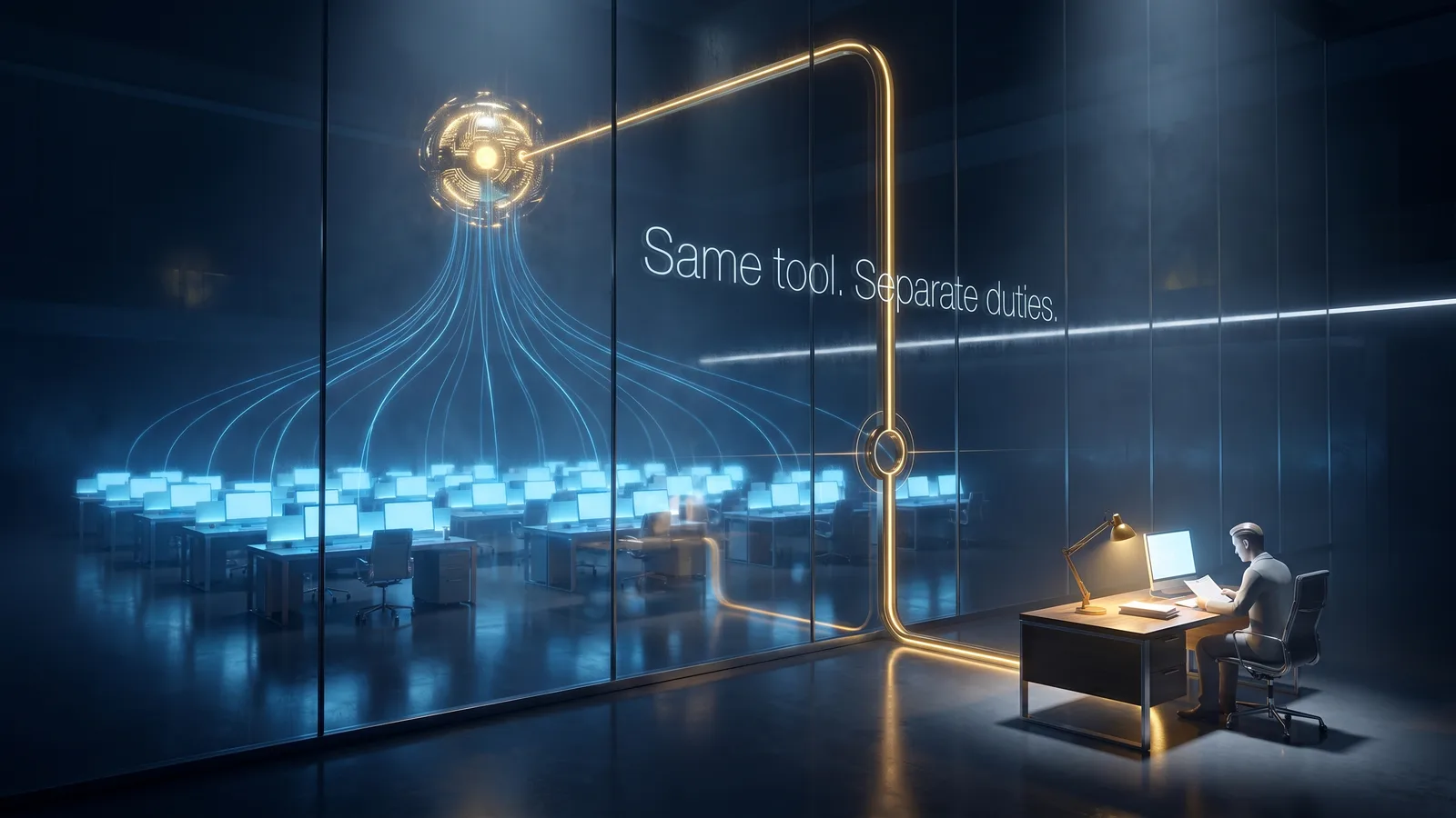A translucent wall separating internal audit from the business while both draw on one shared AI system