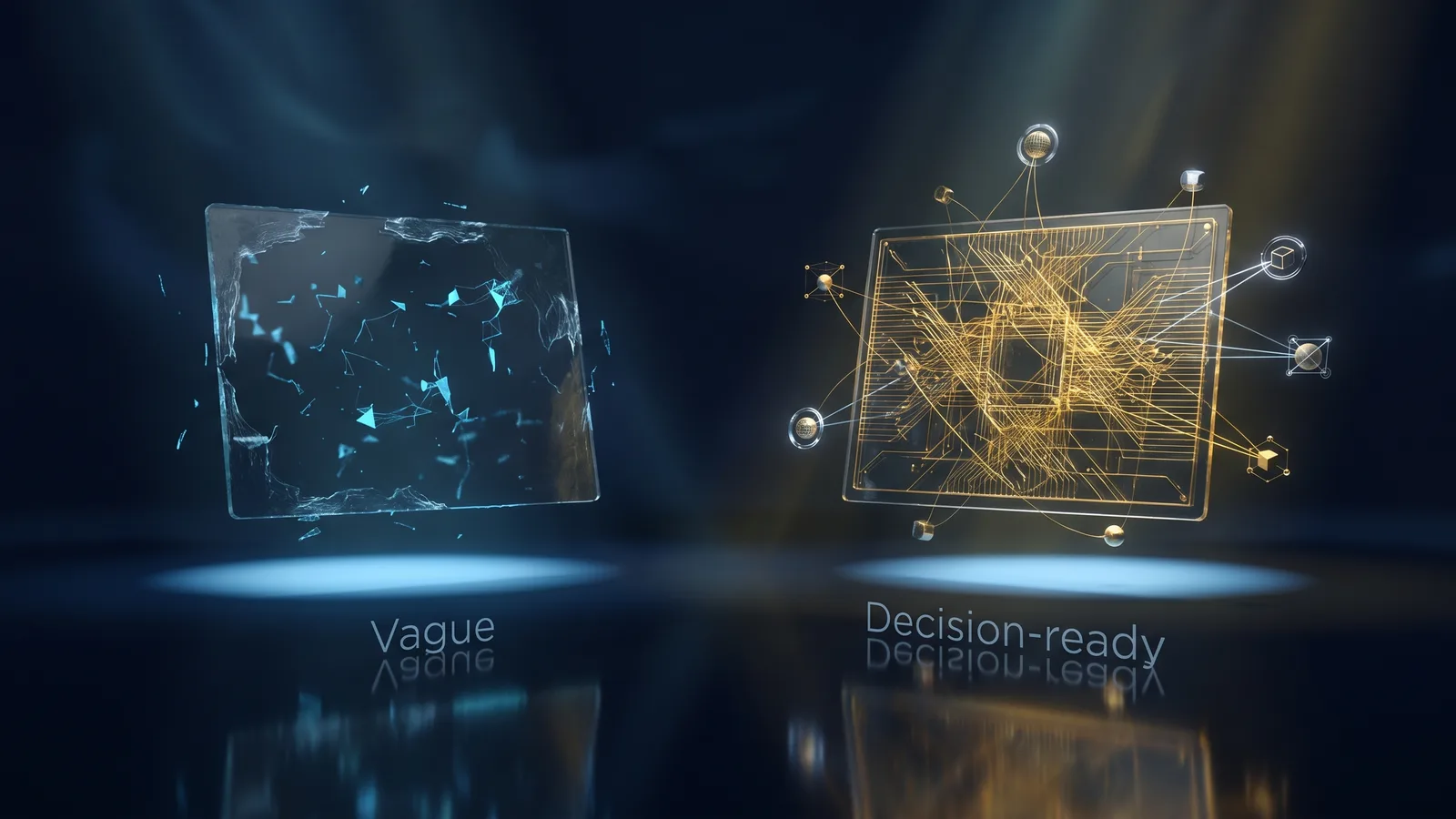 Two register entries side by side: a vague half-formed entry against a complete decision-ready entry
