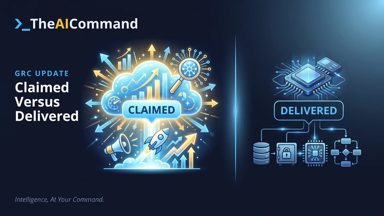 A screen split into two contrasting halves divided by a thin sky line, the left half a bright inflated claim labelled claimed, the right half a smaller honest capability labelled delivered