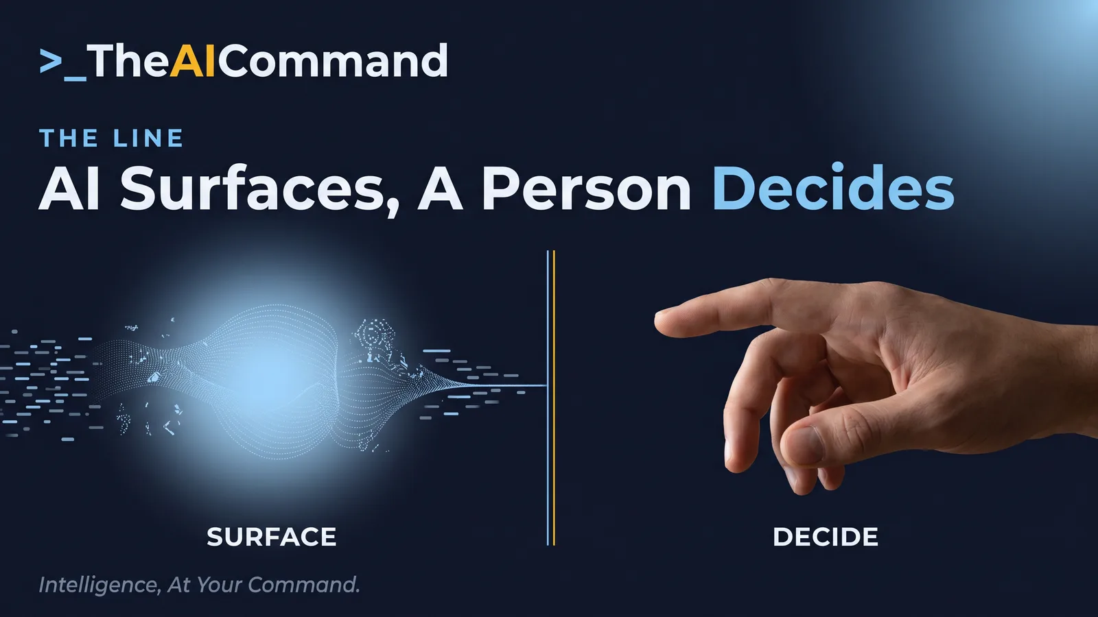 A frame split into two cinematic halves divided by one thin accent line, the left half a soft machine glow surfacing patterns from a stream of abstract transactions, the right half a single human hand forming a decision, labelled surface and decide