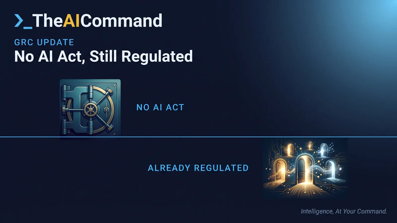 A screen split into two contrasting halves divided by a thin gold line, the left half a single closed empty vault labelled no ai act, the right half many small active doorways each glowing labelled already regulated, sky light on deep navy