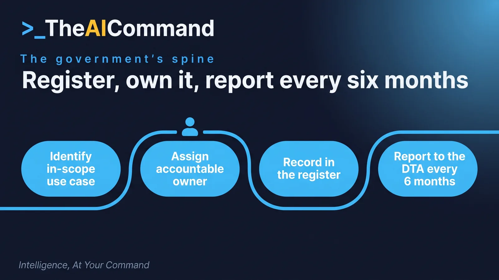 Process flow of the government spine: identify the use case, assign an accountable owner, record it, report to the DTA every six months