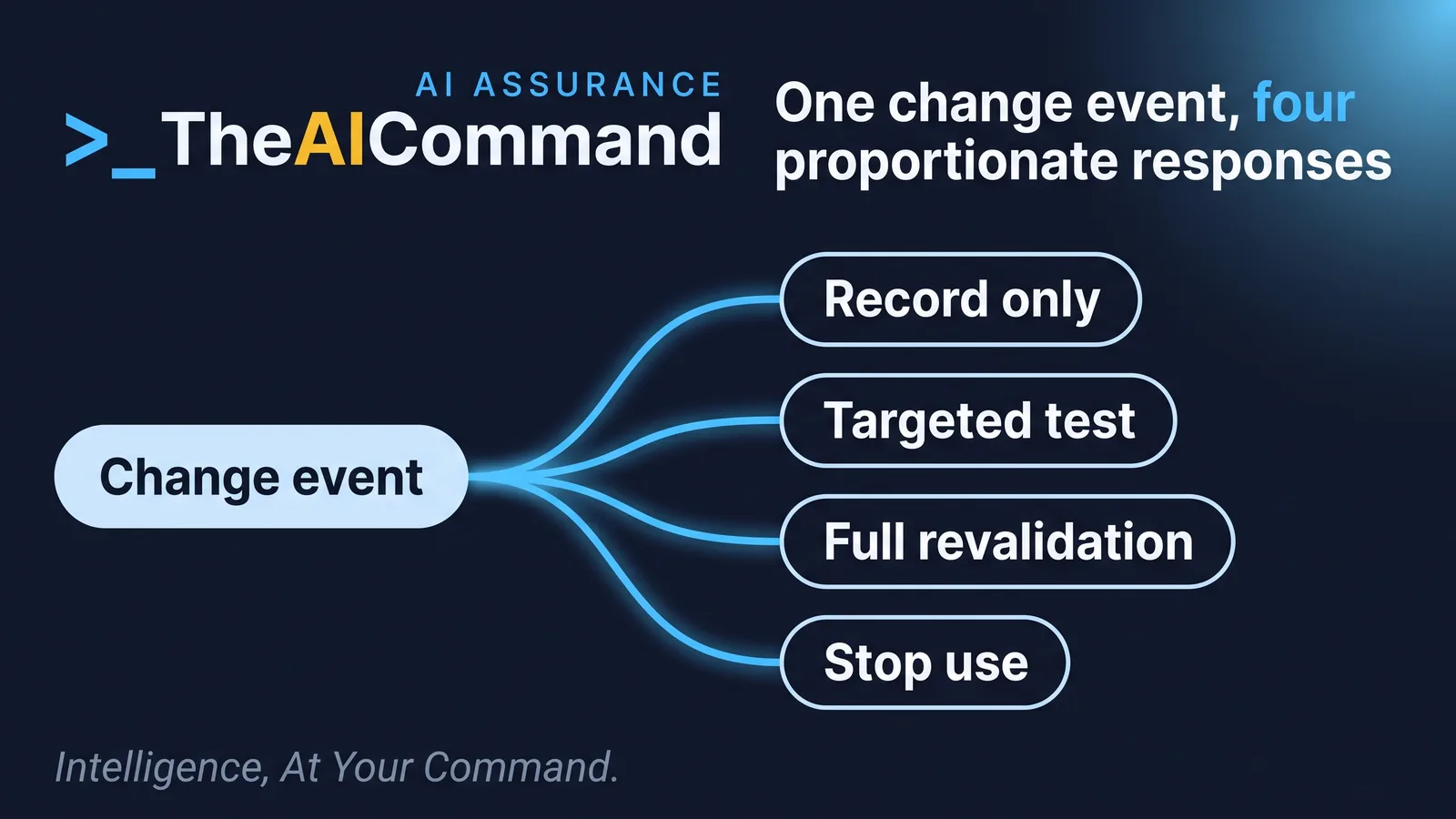 Process flow showing a change event entering a four-way cascade from record only through targeted testing and full revalidation to immediate stop-use