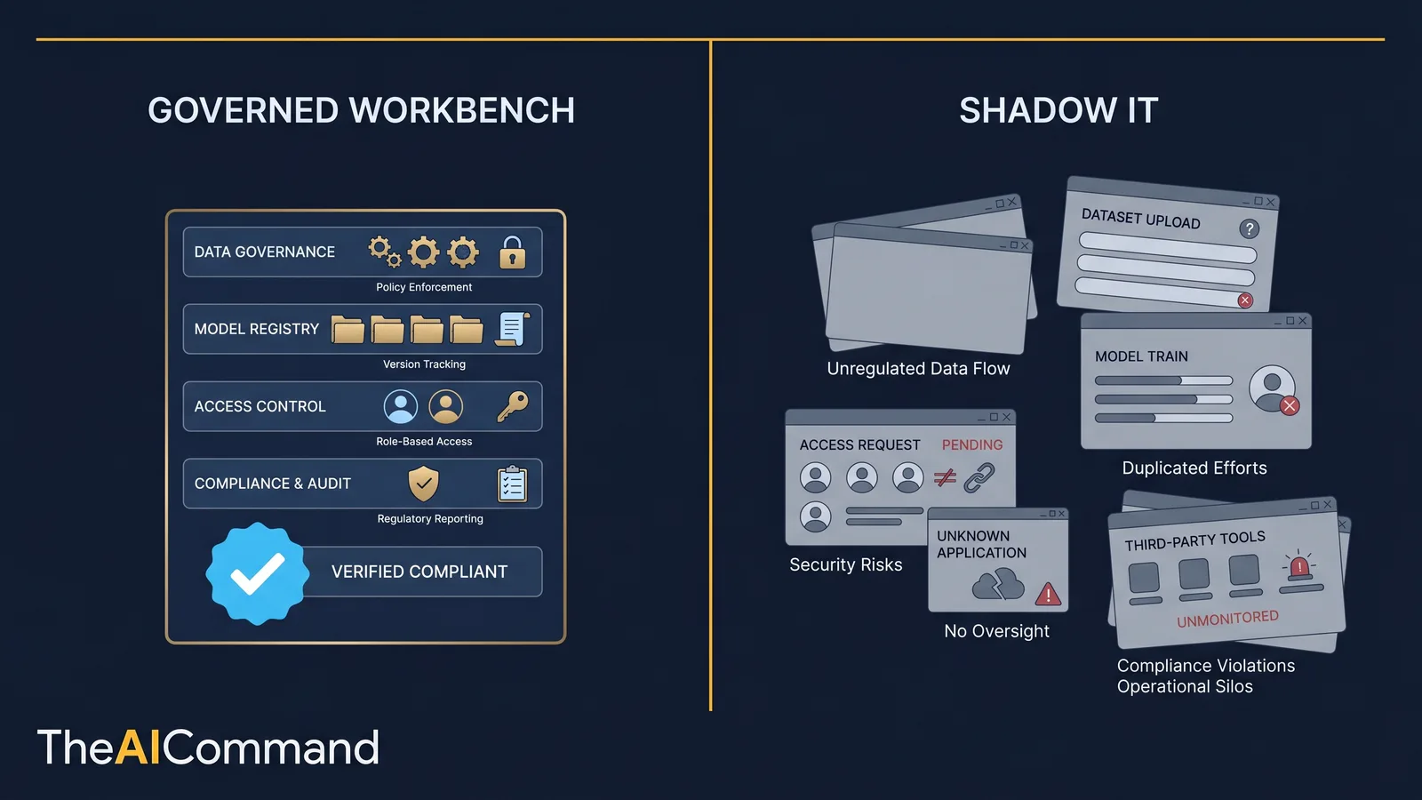 Split contrast between a governed offline controls workbench and ungoverned shadow IT infrastructure