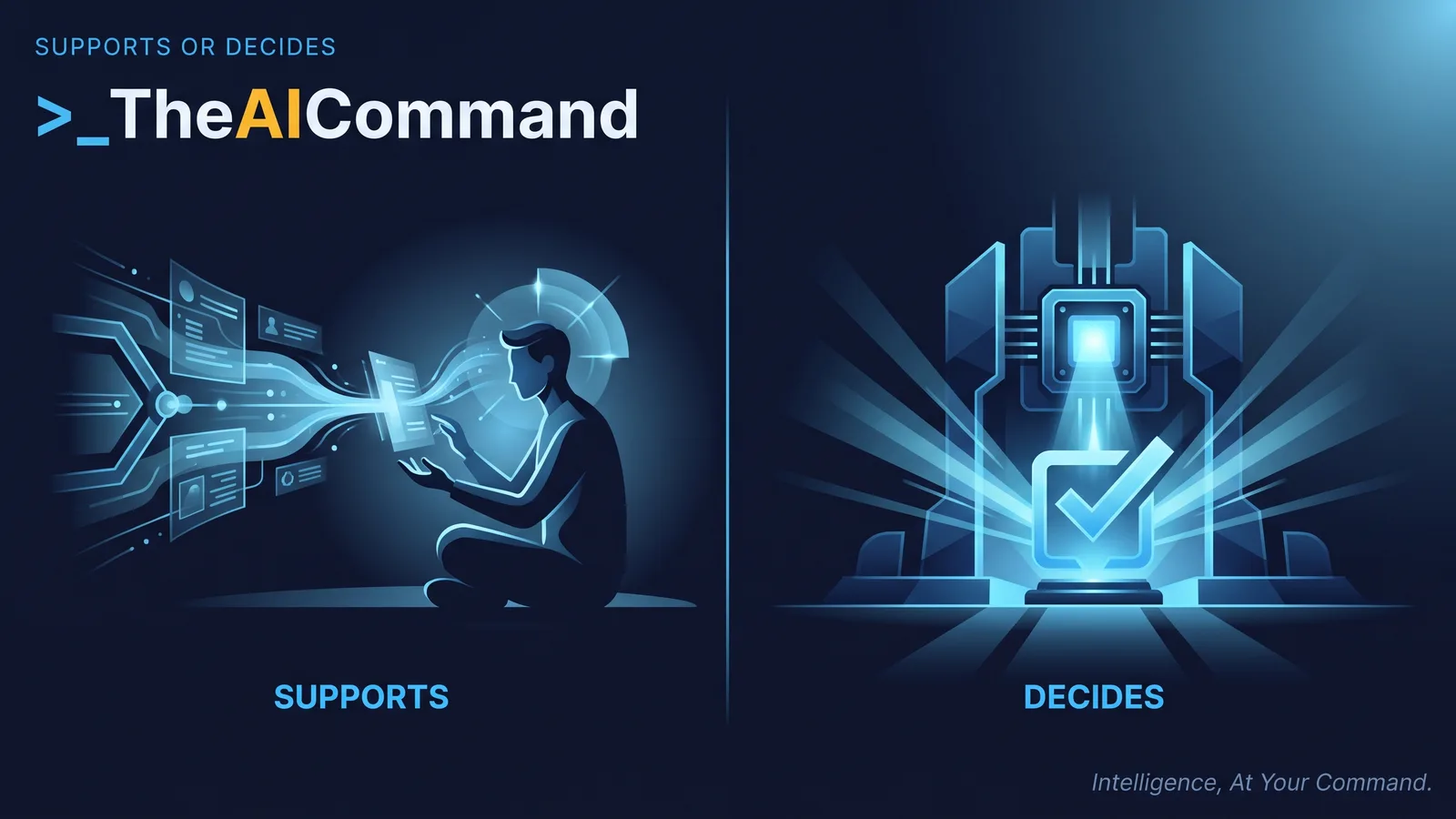 A screen split into two contrasting halves by a thin sky line, the left half a bright supporting tool feeding a calm human figure labelled supports, the right half a machine issuing a verdict with no figure present labelled decides