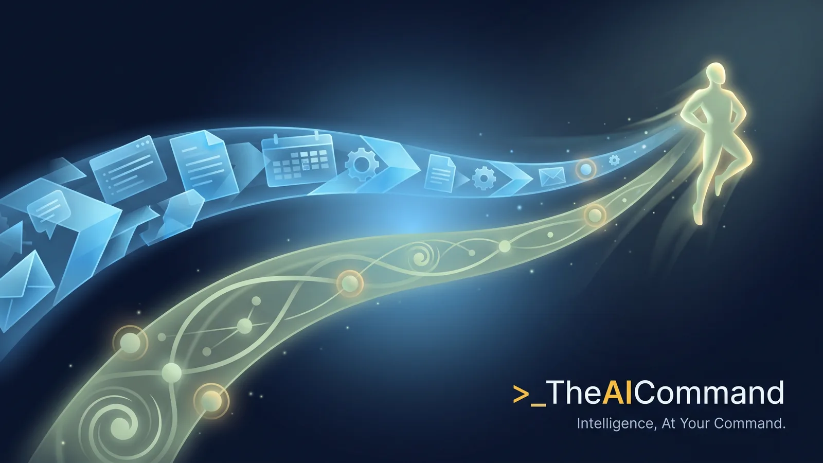 Abstract concept visual of a 90-day onboarding arc split into a drafting lane and a human-decision lane converging on a confident new starter