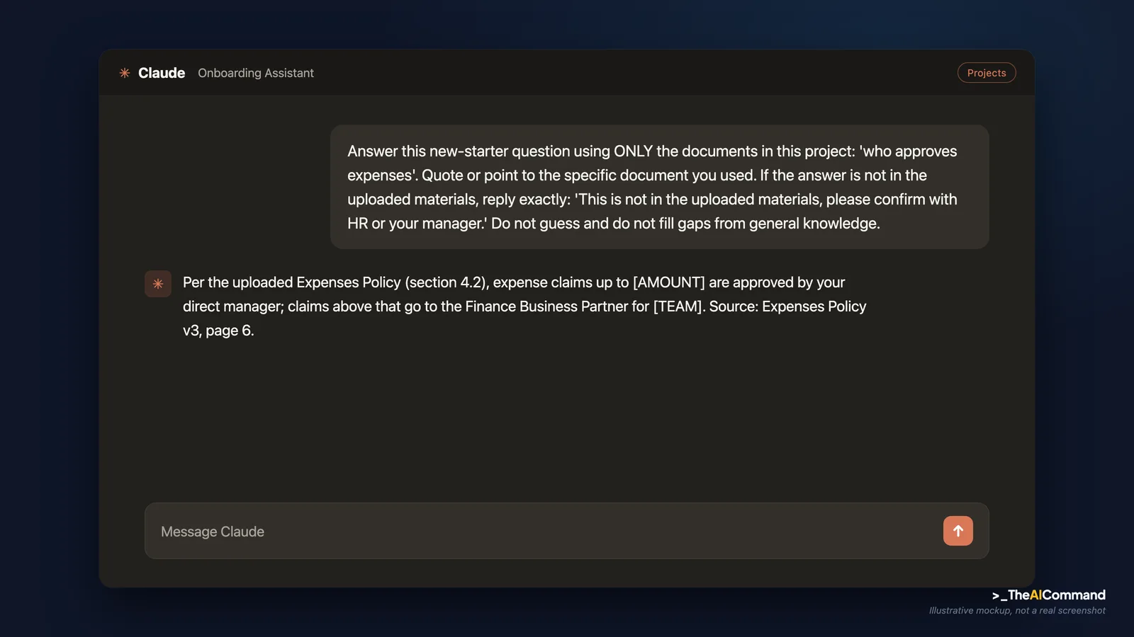 Illustrative Claude interface mockup of the grounded onboarding FAQ prompt running inside the Onboarding Assistant project, returning an answer that cites an uploaded document