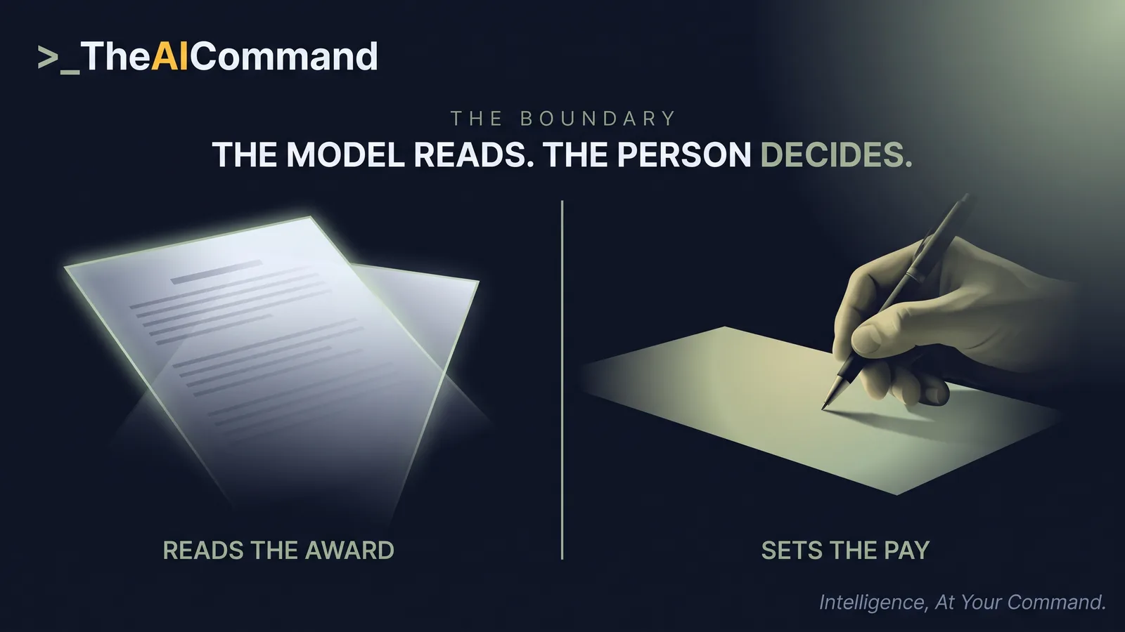 Cinematic split showing the model reading the award and a person authorising the pay