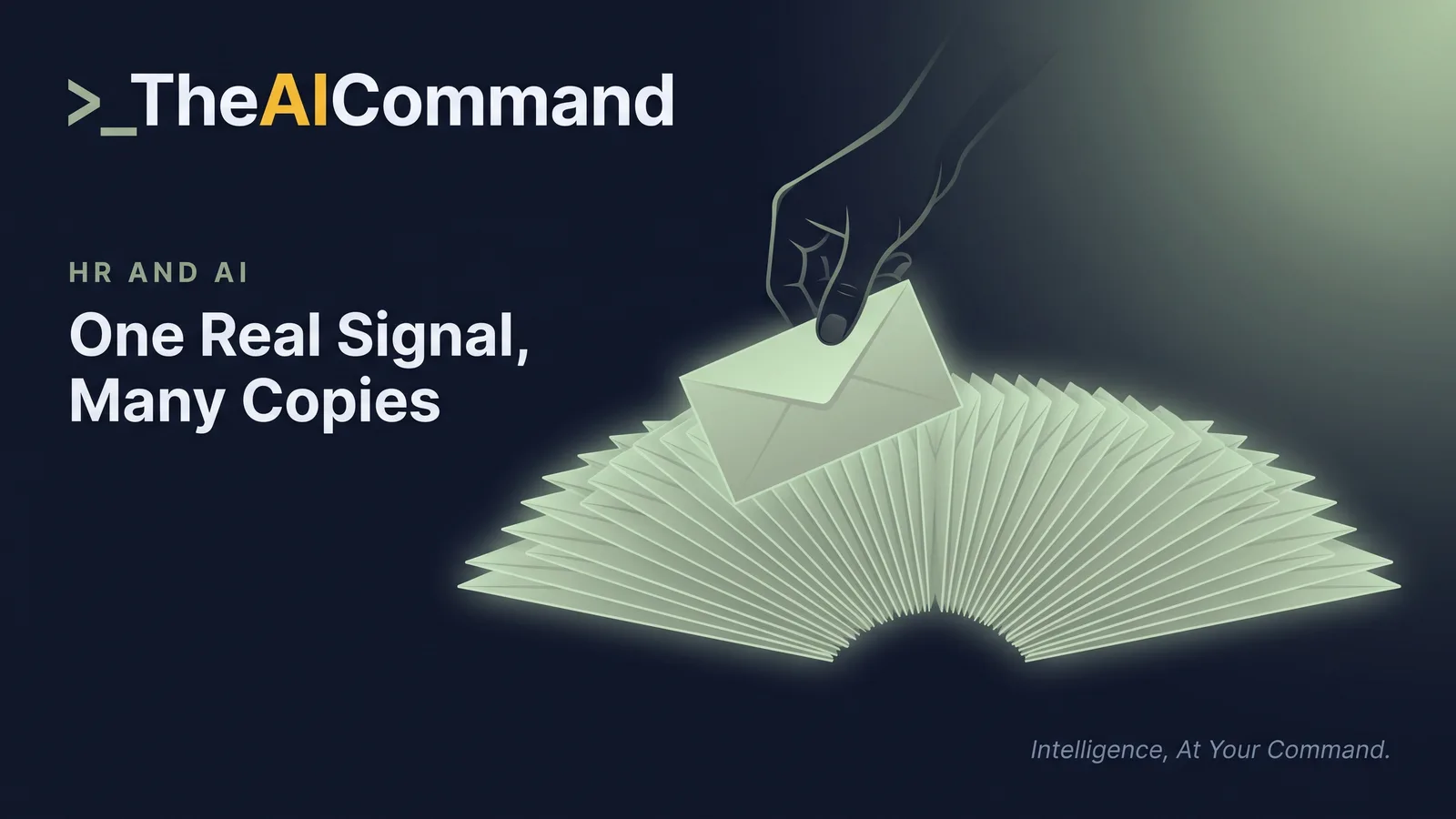A careful hand lifting one plain envelope from a wide fan of identical glowing envelopes, one real detail sought among many uniform ones, sage light on deep navy
