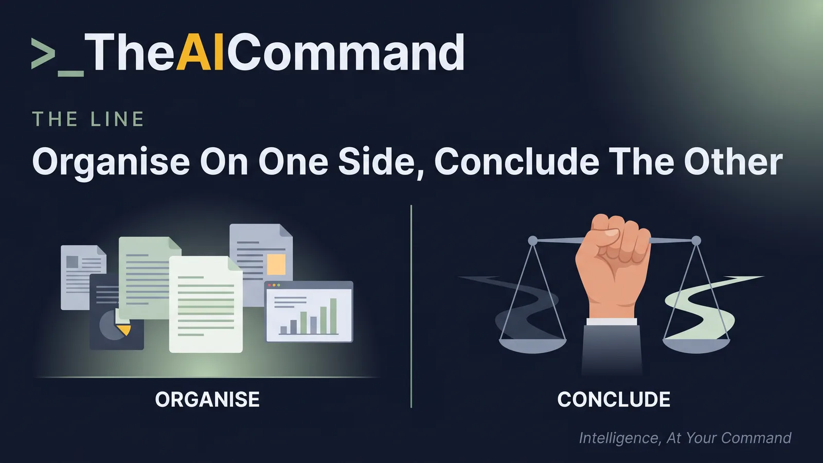 Two contrasting cinematic halves divided by a thin sage line: the left half a calm scene of documents being sorted by a soft glow, the right half a single human hand weighing two paths on a balance, labelled organise and conclude